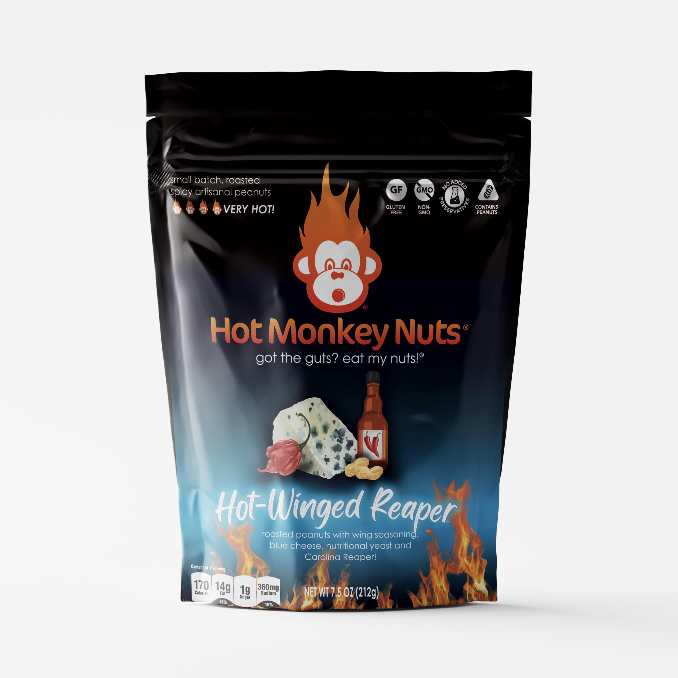 Hot Monkey NutsSpicy Artisanal Peanuts | Hot Winged Reaper - Flavored with Buffalo Wing Seasoning, Blue Cheese, and Carolina Reaper Pepper, 7.5oz Pouch, Gluten Free, (Pack of 1)