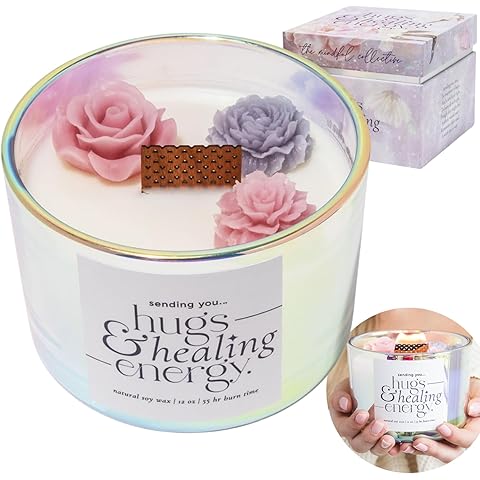 Hugs and Healing Energy Sympathy Candle. 12oz Wooden Wick Candle with Natural Soy Wax. Memorial, Grief Gift for Loss of Loved One, Get Well Soon Gift with Iridescent Glass Jar & Floral Design