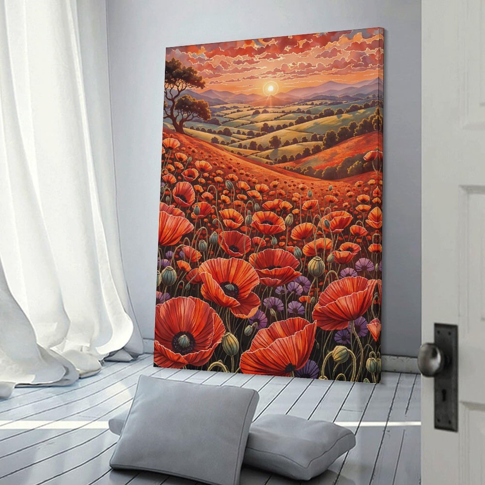 sinyumoney Poppy Field Sunset Wall Decor Poster, Vintage Wall Poster for Bathroom Toilet Decor 20x30inch(50x75cm)