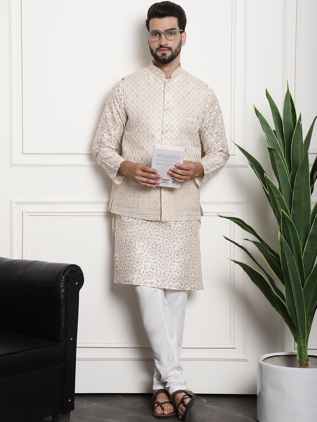 Sojanya Men's Silk Blend Floral Regular Kurta Pyjama With Nehru Jacket (V-Sjr-Sprt-48035-P01-Nj-Damn-83-Crm-44, Cream, Seagreen And Pink