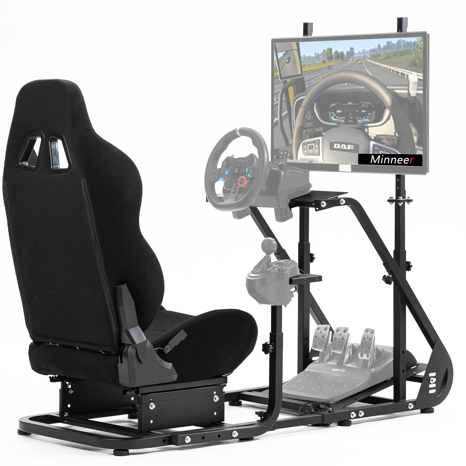 Minneer Racing Simulator Cockpit with Black Seat and Monitor Stand Fit for Logitech/Thrustmaster/Fanatec G29/G920/T248/T300 Reinforced Expandable. Wheel, Pedal, Handbrake Not Included