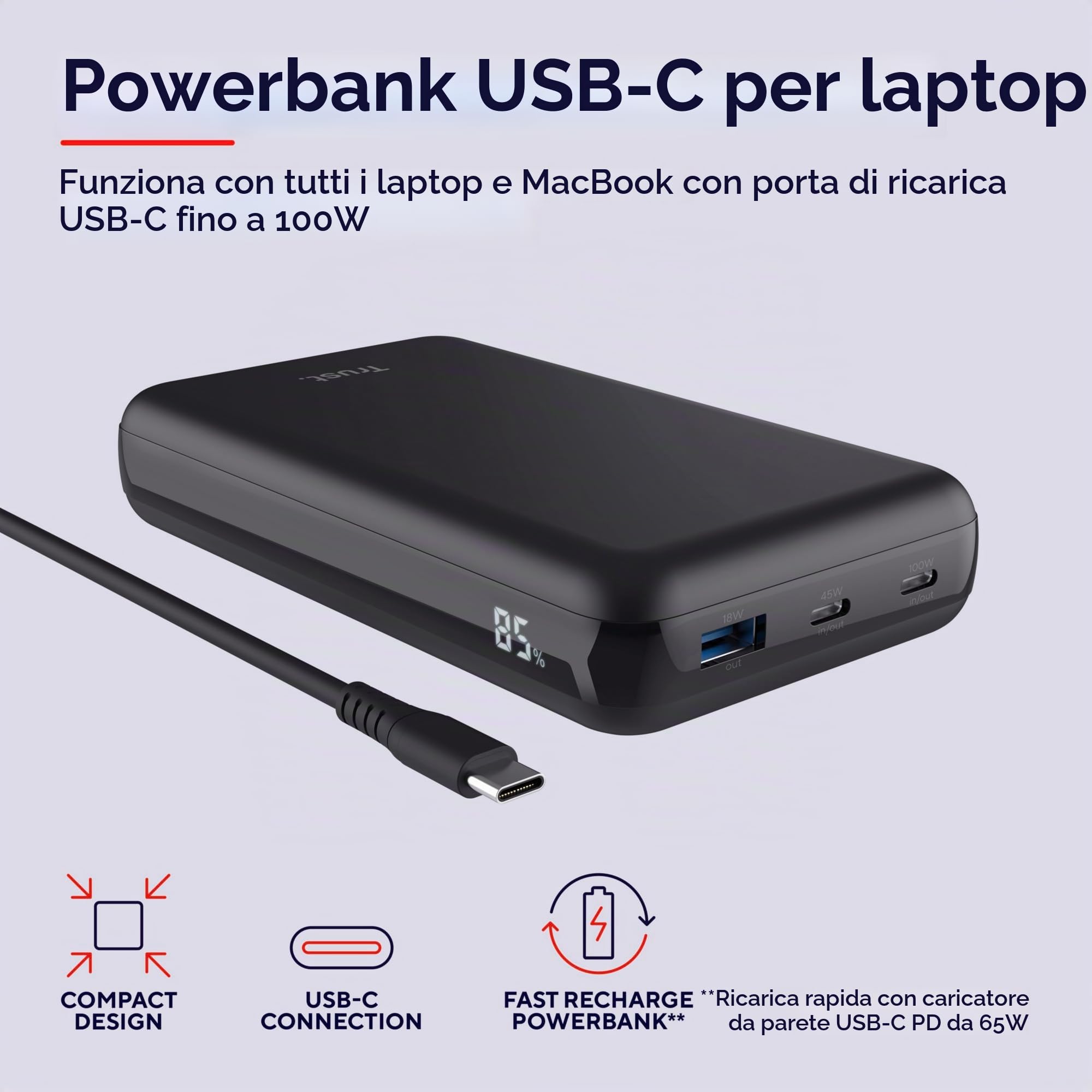 Trust Laro Power Bank 100W per Laptop Ricarica Rapida, Powerbank 20000mAh 2x USB-C 1x USB-A, Caricatore Portatile, Batteria Esterna Power Station Macbook iPad iPhone Steam Deck Dell Asus HP