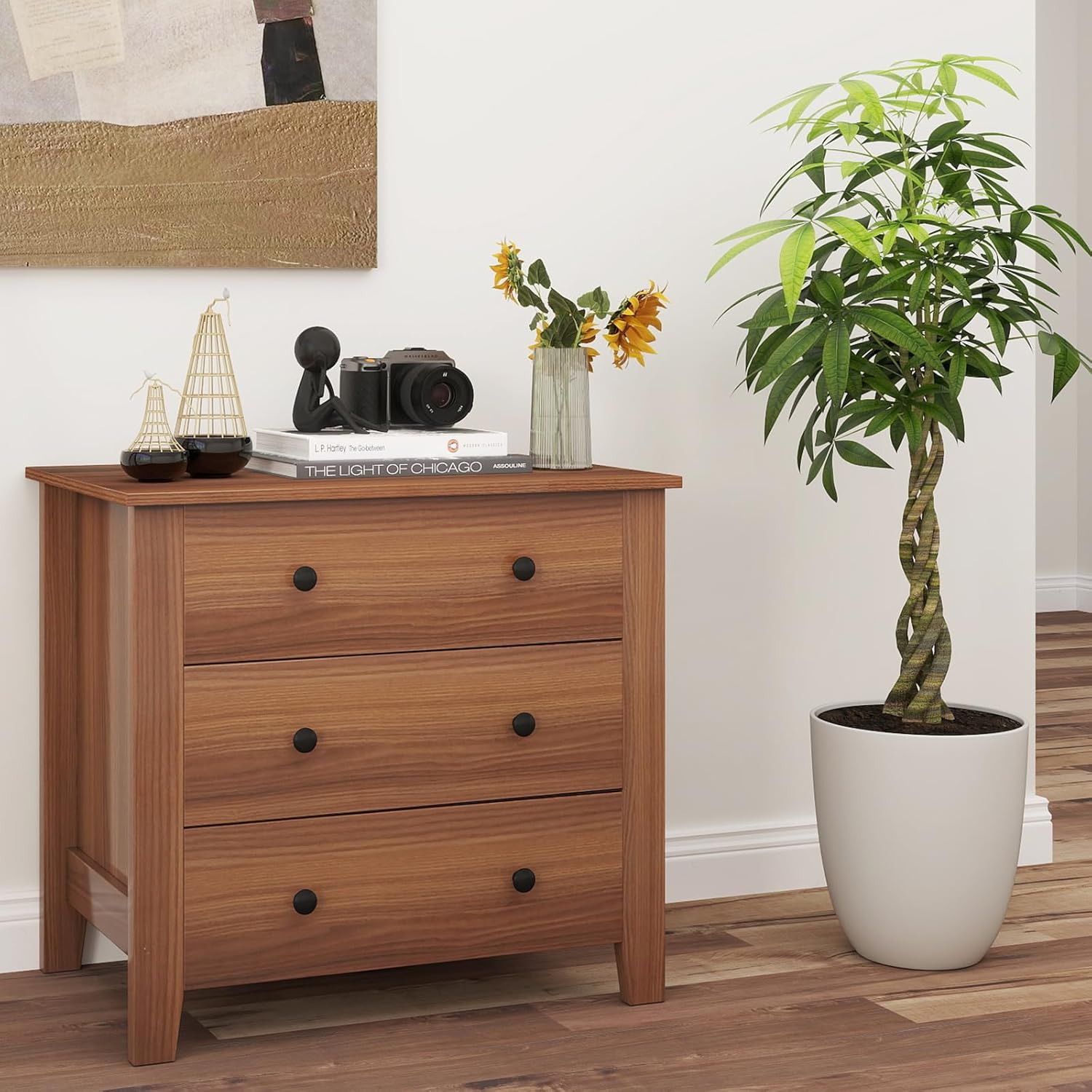 LOKO 3-Drawer Wooden Dresser, Vintage Chest of Drawers with Round Metal Knobs, Sofa Beside Table, Nightstand, Mid-Century Modern Dresser for Bedroom, Kids Room, 28.5" x 18" x 26" (Walnut)
