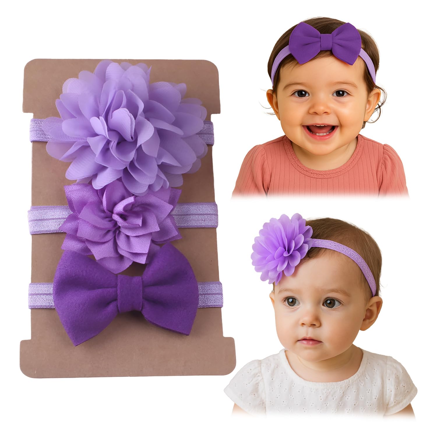 SYGA 3 Pcs Baby Headband, Flower & Bow Stretchable, Nylon HairBand for Newborn Infant Toddlers Kids 0-3 Years (Purple, Free Size)-image-22