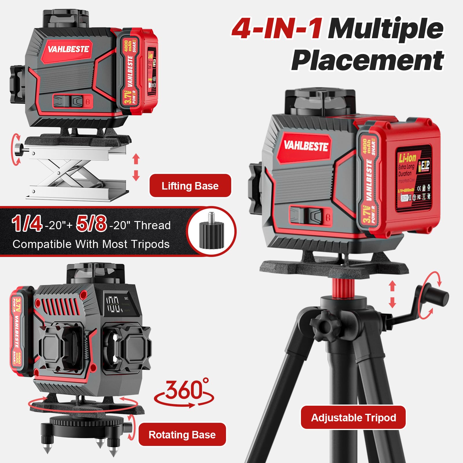 Niveau Laser avec Trepied, 4D 16 Lignes Laser Chantier avec 2x4800mAh Batterie et Affichage LED, Niveau Laser 360 Autonivelant, Télécommande, APP, IP54 pour la Construction