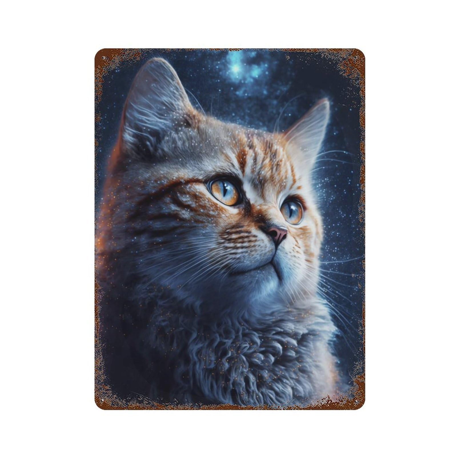 Cosmic Cat Gazing Aged Metal Wall Plaque 15.7"x11.8", Ideal for Patio, Garden Room And Bar Decor