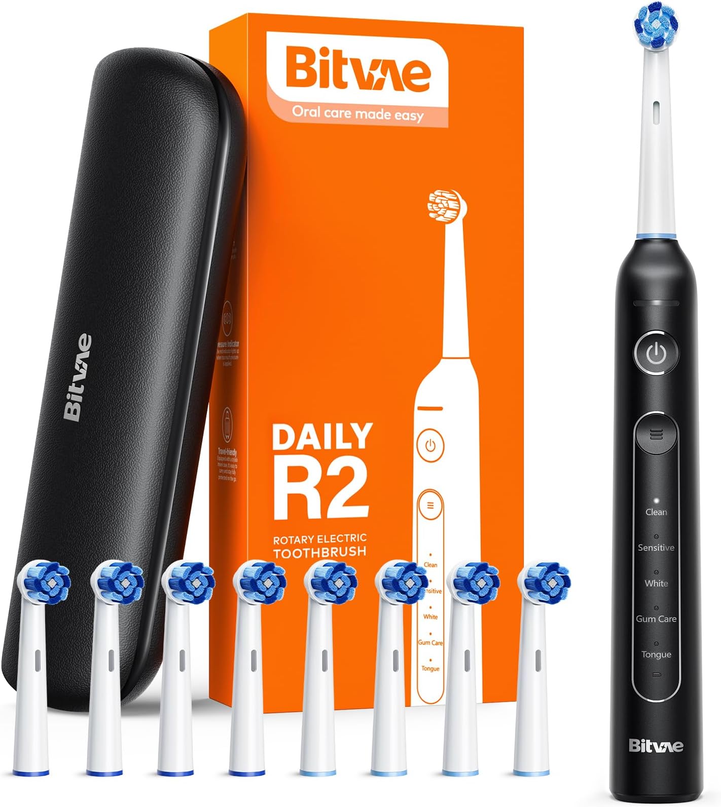 R2 Rotating Electric Toothbrush for Adults with 8 Brush Heads, Travel Case, 5 Modes Rechargeable Power Toothbrush with Pressure Sensor, 3 Hours Fast Charge for 30 Days, Black