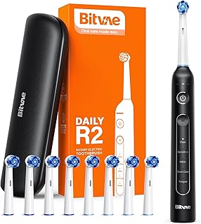 Bitvae R2 - Cepillo de dientes eléctrico giratorio para adultos con 8 cabezales, estuche de viaje, 5 modos de cepillo, recargable con sensor de presión, 3 horas de carga rápida, dura 30 días, negro