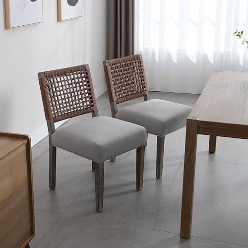 Miniatura 4 de Juego de 4 sillas de comedor estilo granja tapizadas de tela de lino, sillas de cocina y comedor modernas de mediados de siglo con respaldo de Parte