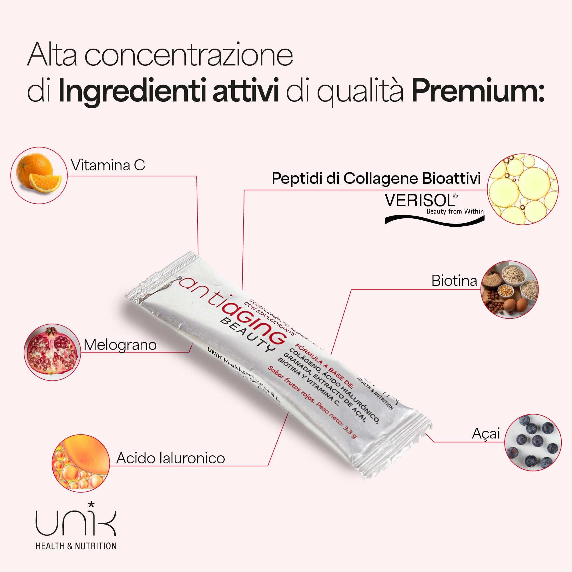 Collagene Verisol Idrolizzato e Acido Ialuronico + Vitamina C + Biotina in Polvere Articulaioni + Pelle Capelli e Unghie per Donna - Peptidi Colageno da Bere Puro - Extra Beauty - 30 Sticks | UNIK