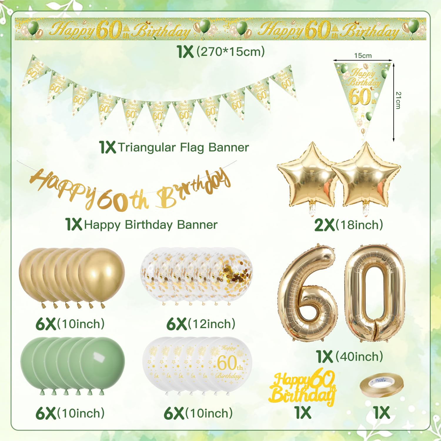 Décoration Anniversaire 60 Ans, Vert Or Ballon 60 Ans Anniversaire Femme Homme, Decoration 60 Ans, Bannière Joyeux Anniversaire pour 60 Réutilisable - 3