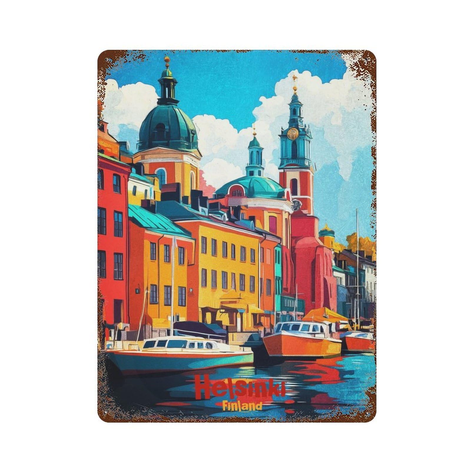 Weathered Tin Sign with Helsinki Art Design 15.7"x11.8", for Garage, Bar And Workshop Decor, Decorative Metal Wall Art