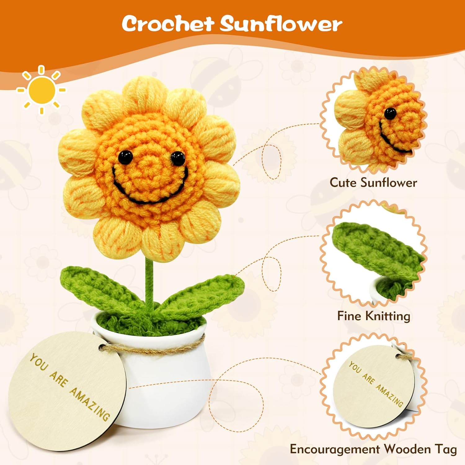 Crochet Sunflower with Positive Wooden Affirmations, Emotional Support Knitted Sunflower, Positive Sunflower Crochet for Office Desk Car Dashboard Decor (You are Amazing)
