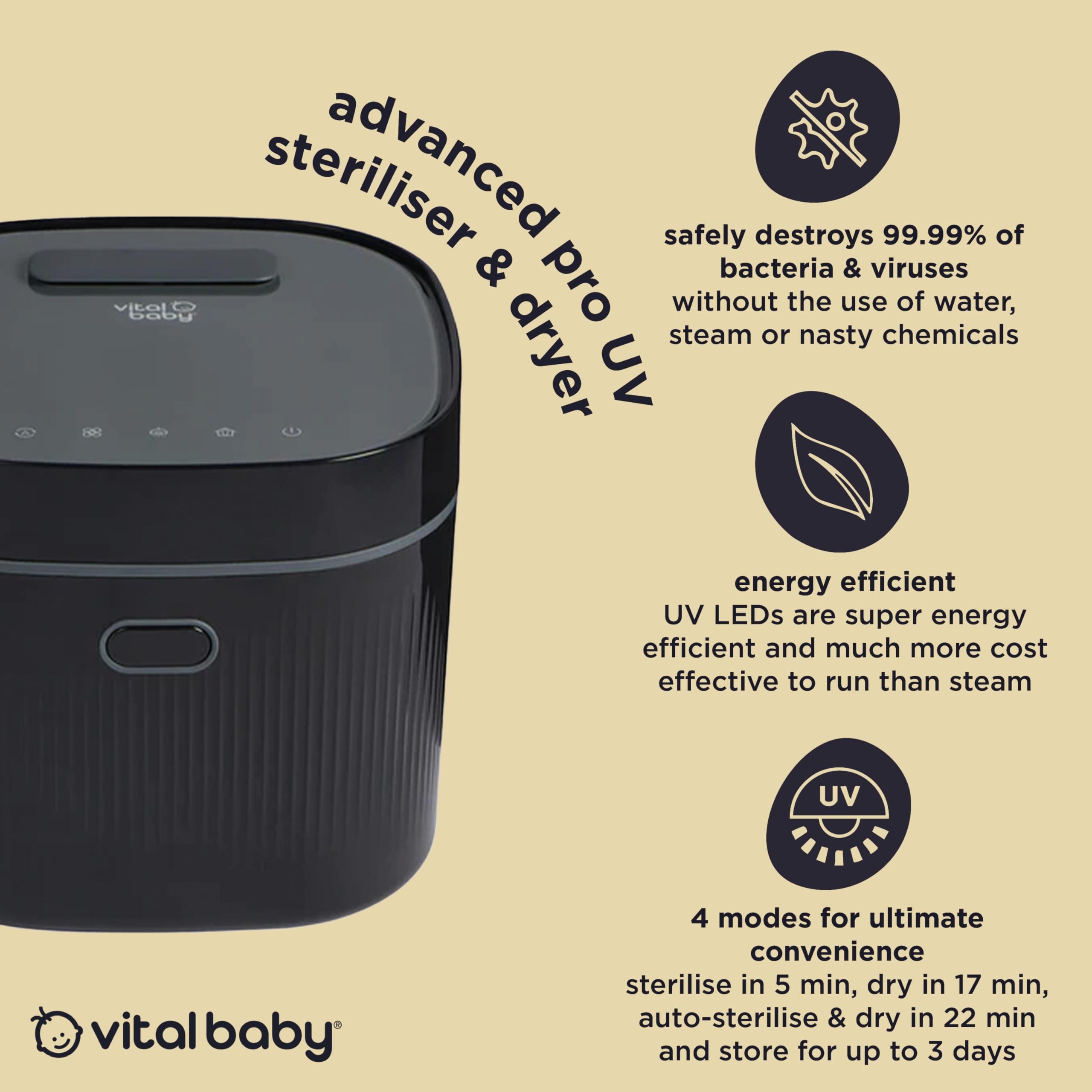 Vital Baby Esterilizador UV para biberones y accesorios, mata el 99,99% de los gérmenes en 5 minutos, esteriliza, seca y almacena, sin agua, vapor ni productos químicos, negro ónix