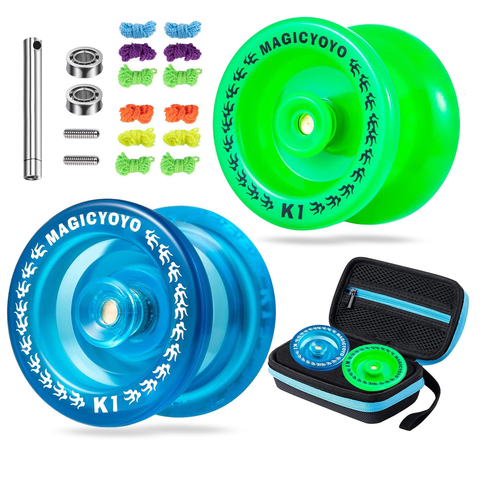 Pack of 2 Yoyos - K1 Responsive Yo yo Green & Crystal Blue YoYo with 2 Yoyo Sacks + 10 Strings and 2 Yo-Yo Gloves Gift