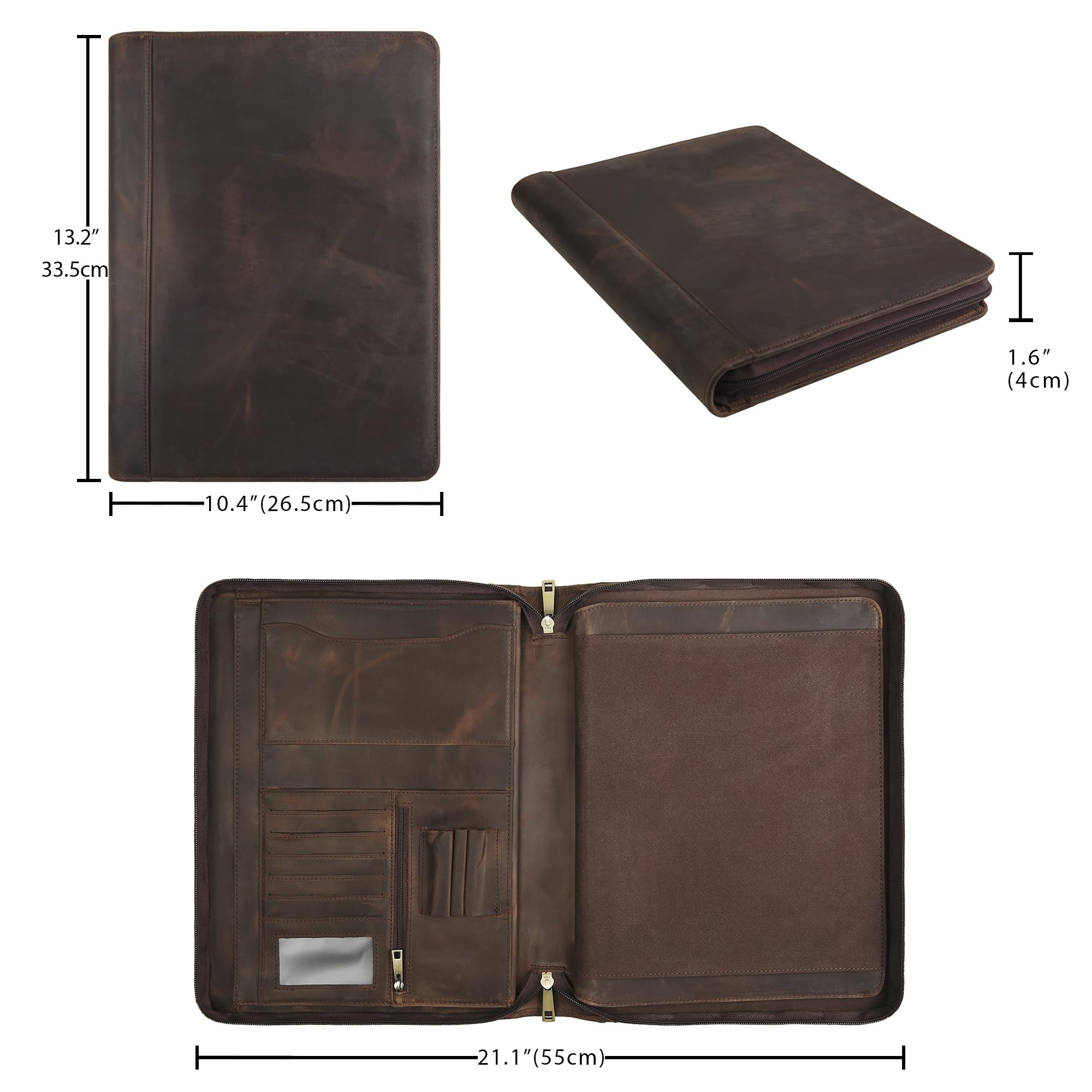 Portadocumenti fatto a mano in vera pelle per iPad/documenti, business padfolio con porta blocco note in pelle A4, cartella compatta in pelle per conferenze per uomini e donne, cachi scuro