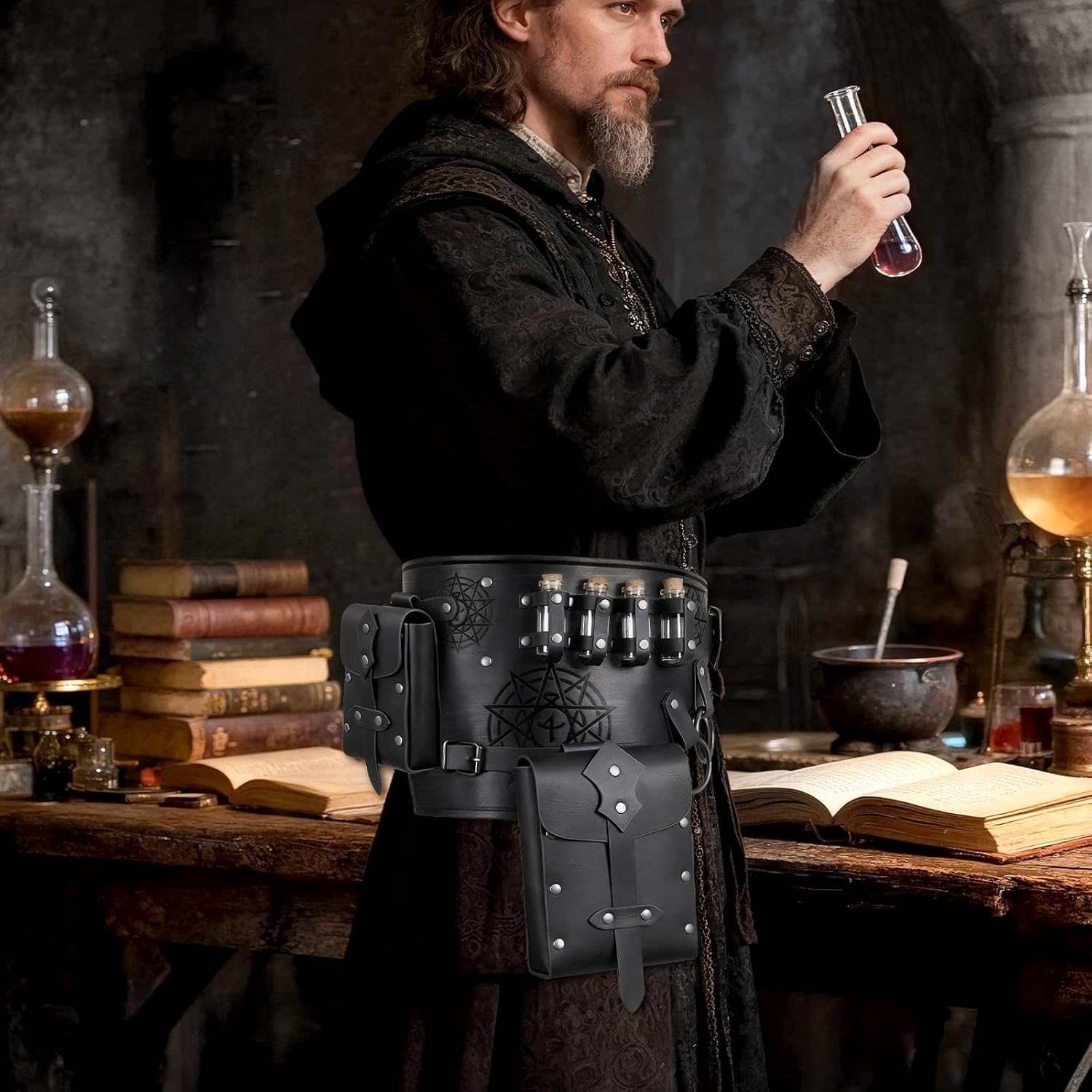 Renaissance Medieval Alchemy Belt Set - 4PCs Renaissance Accessories for Cosplay, LARP, Halloween & Renaissance Fairs (Black) - Image 2