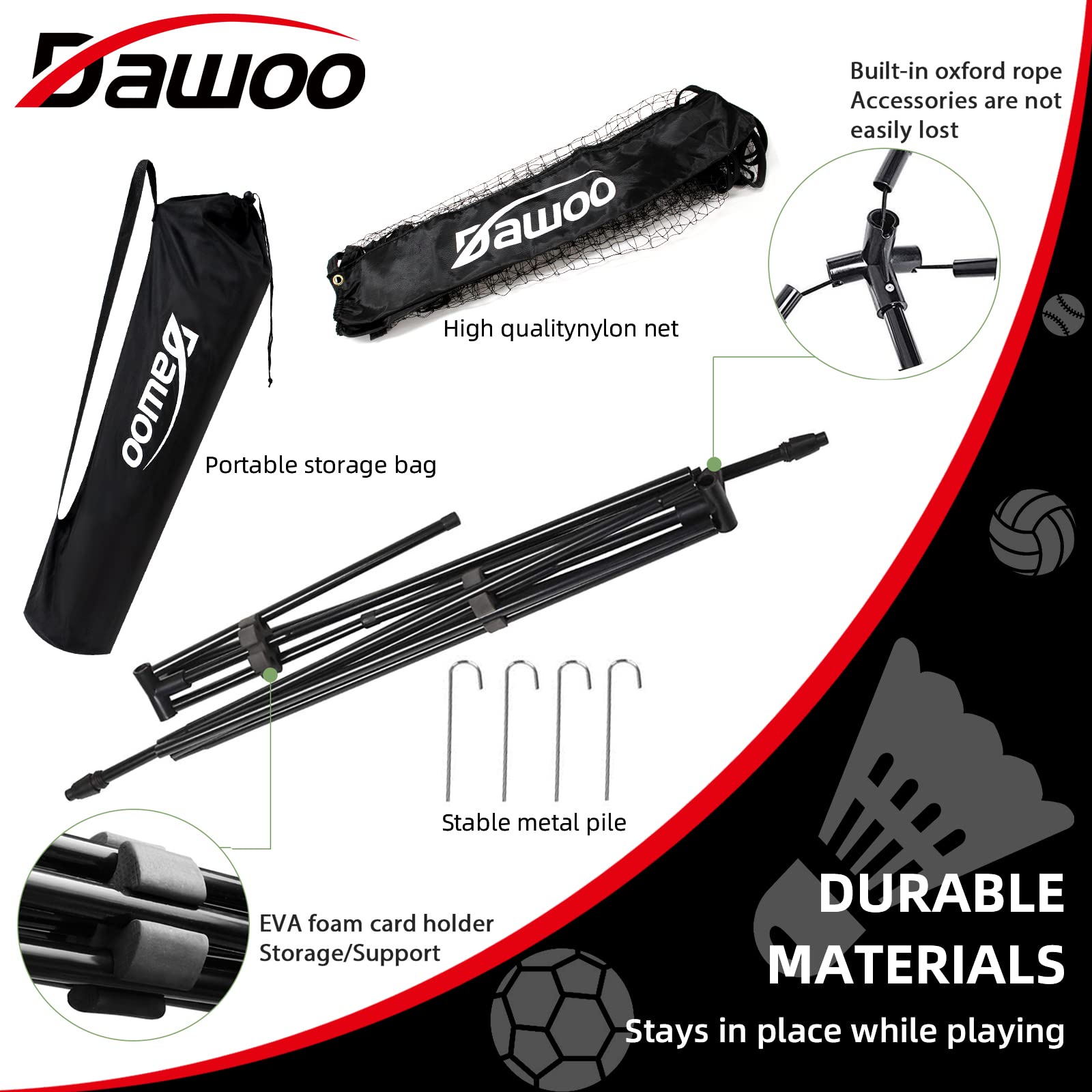 DAWOO Portable Tennis Net Set - Easy Setup, Lightweight, Adjustable, Durable & Convenient.