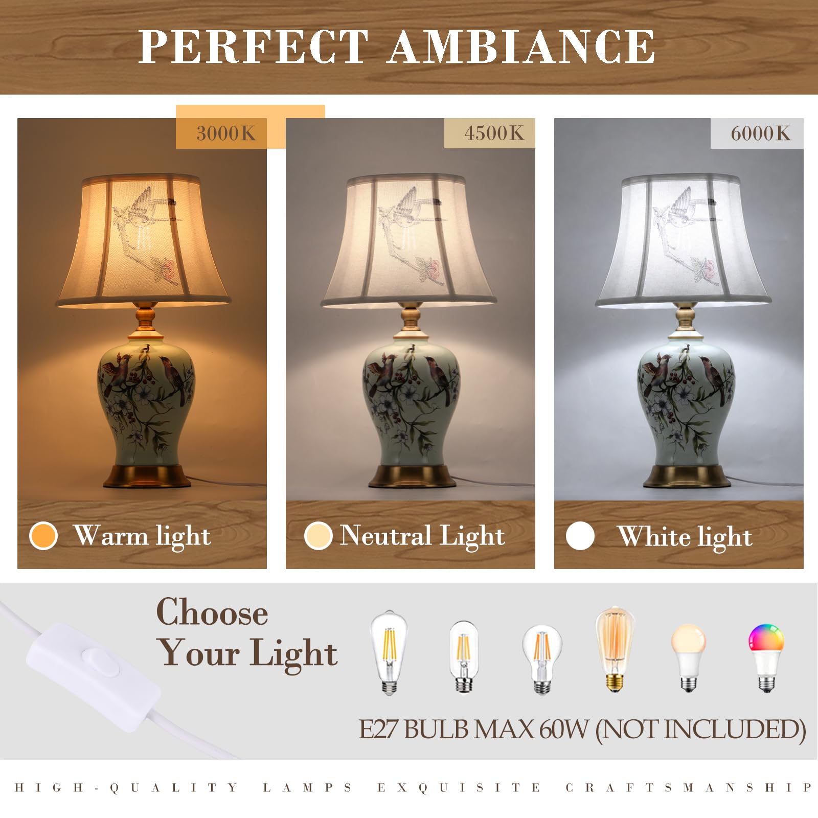 Tischlampe Retro Keramik, Stoff-Nachttischlampe, Vintage-Leselampe für das Schlafzimmer, weißer Lampenschirm, Schreibtischlampe im modernen Stil, E27-Nachttischlampe für Hotel,Wohnzimmer(H 52CM)