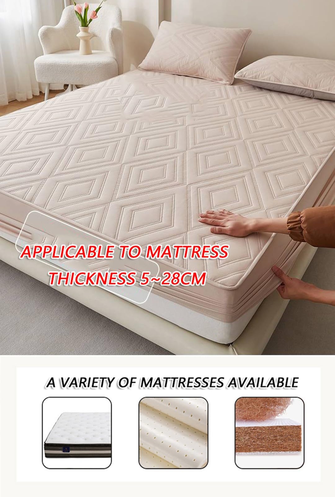 Gestepptes Wasserdichtes Spannbettlaken 3-Teiliges Set,Matratzenschoner mit 2 Kissenbezügen,Matratzenschoner Hypoallergen Atmungsaktiv,Pflegeleicht und Maschinenwaschbar(Khaki,120x200cm)