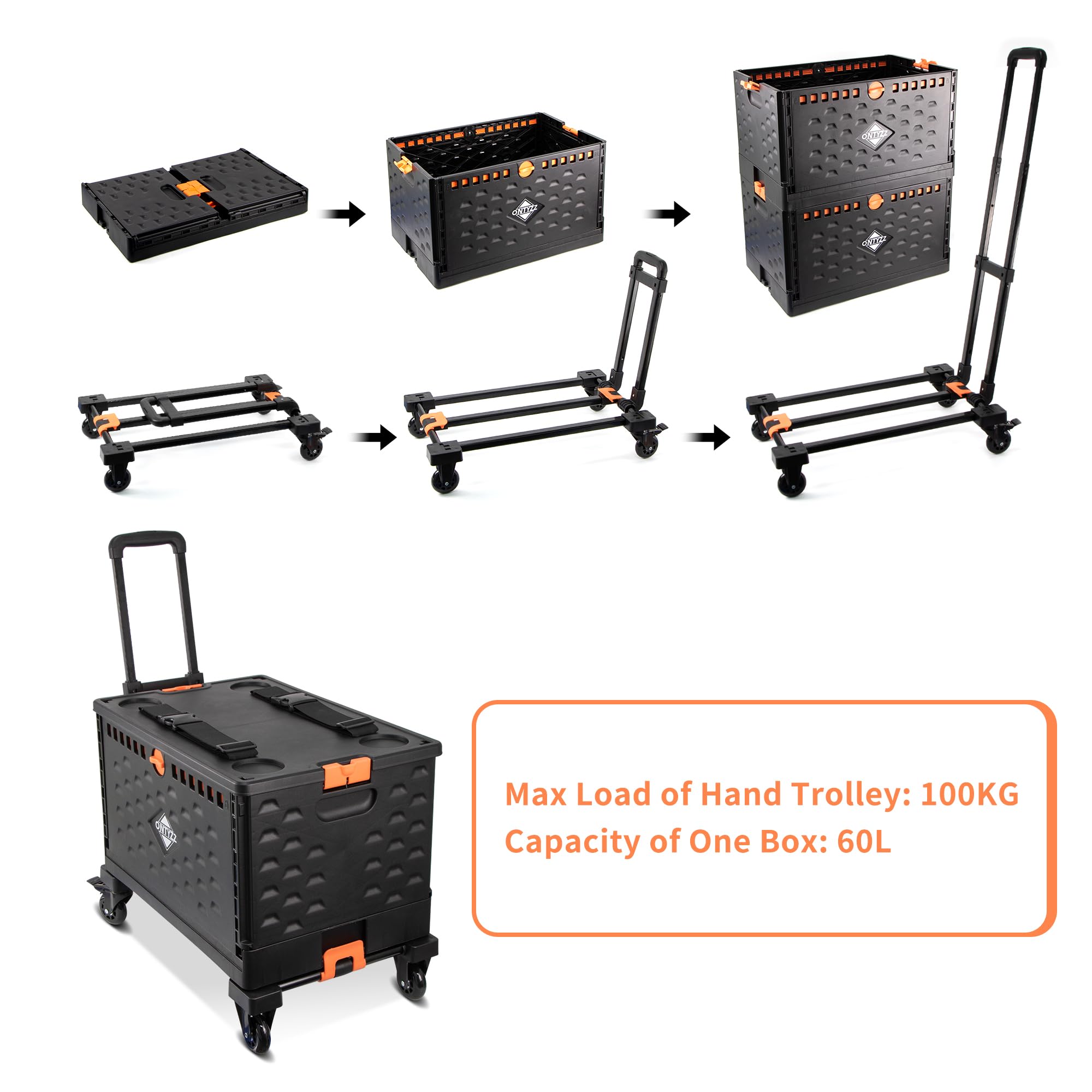 Einkaufstrolley Klappbar Einkaufswagen Trolley mit Einer Separaten Faltbaren Aufbewahrungsbox 60L Große Kapazität Handwagen mit 360°Drehbare Gummiräder mit Bremse & Deckel Transport Folding Cart