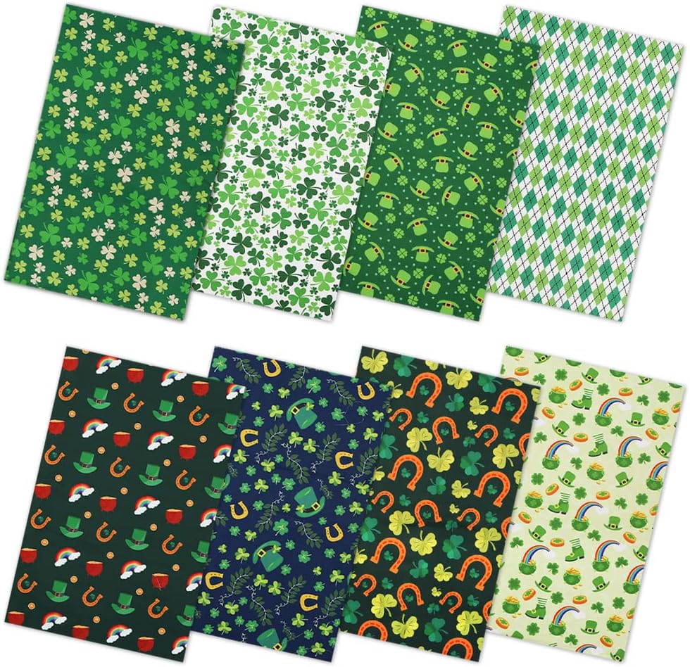 Pack of 8 St Patrick's Day Green Shamrock Fat Squares Fabric Sheets Bundles, 20" x 20", Assorted 8 Patterns Include Horseshoe Lucky Four Leaf Clover for Quilting Sewing DIY Craft Projects