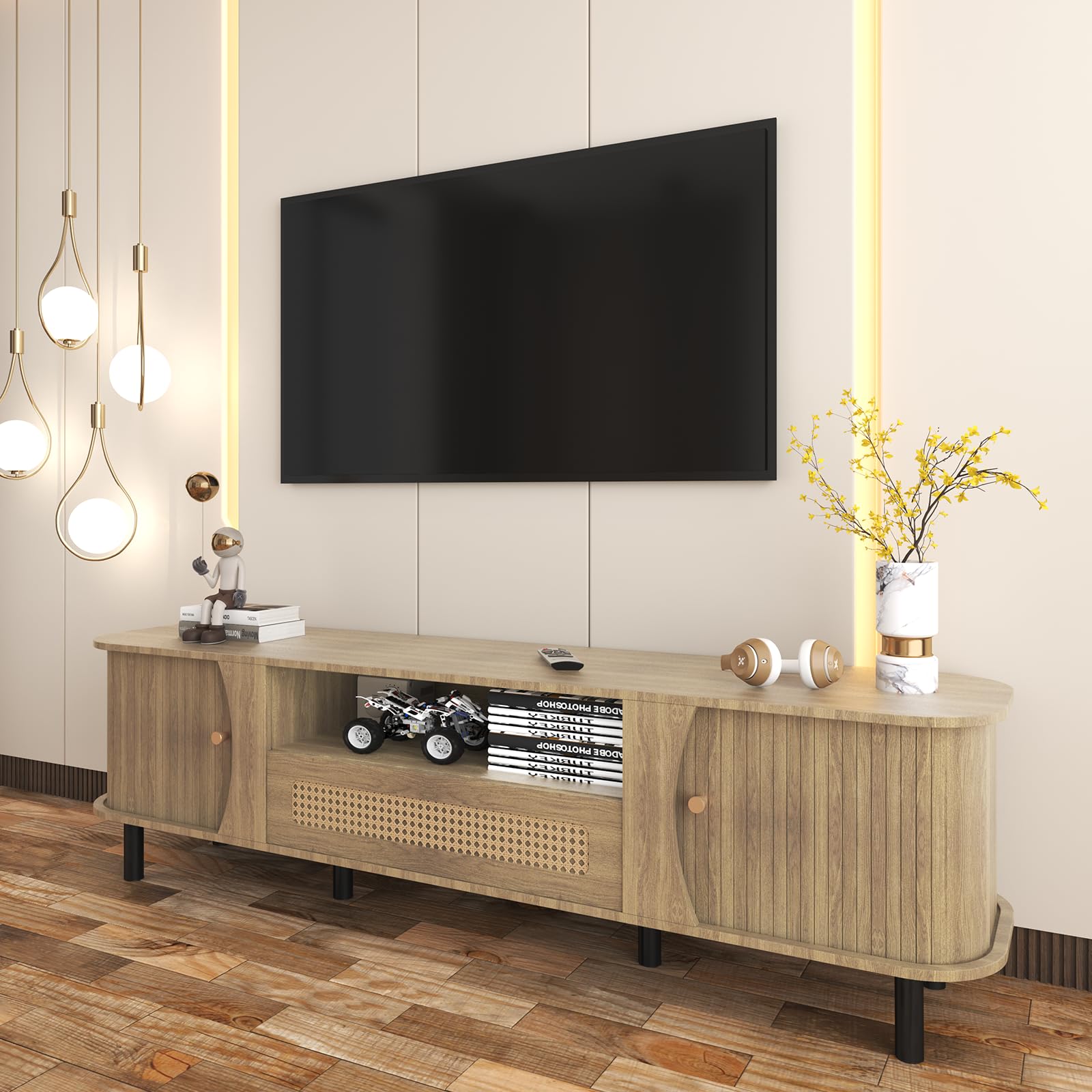 Fluted TV Stand - Modern Wooden Freestanding Entertainment Center Sliding Door TV Cabinet | Farmhouse Curved Round Edge TV and Media Console Table with Storage-Up to 80 inch TVS