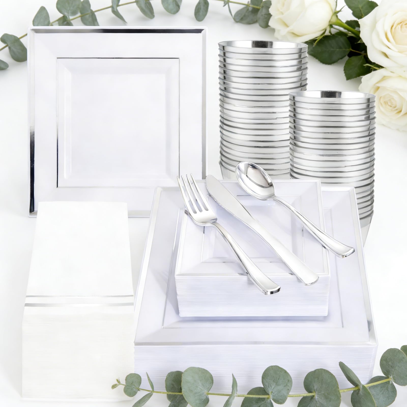 Festiva 350Pcs Silver Plates - Silver Square Plastic Plates 9 .5" and 6" - serve for 50 guests include 50 Cups 50Plastic Cutlery 50Hand Napkins Perfect for Party&amp;Wedding&amp;Birthday