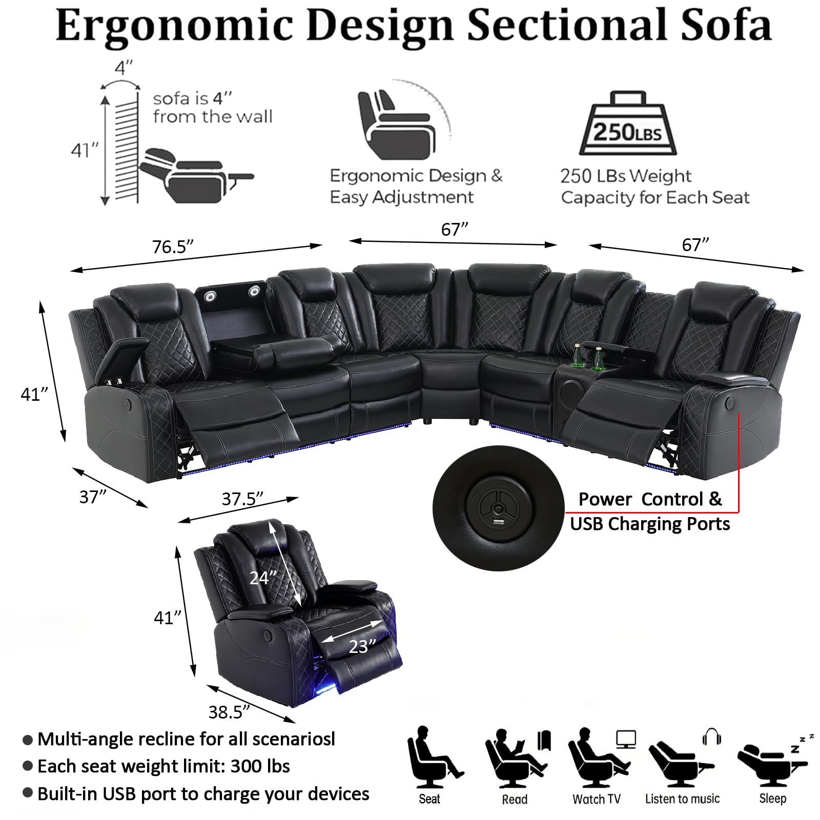 Leather Power Reclining Sectional Sofa Set with Bass Speakers & USB Ports view 2