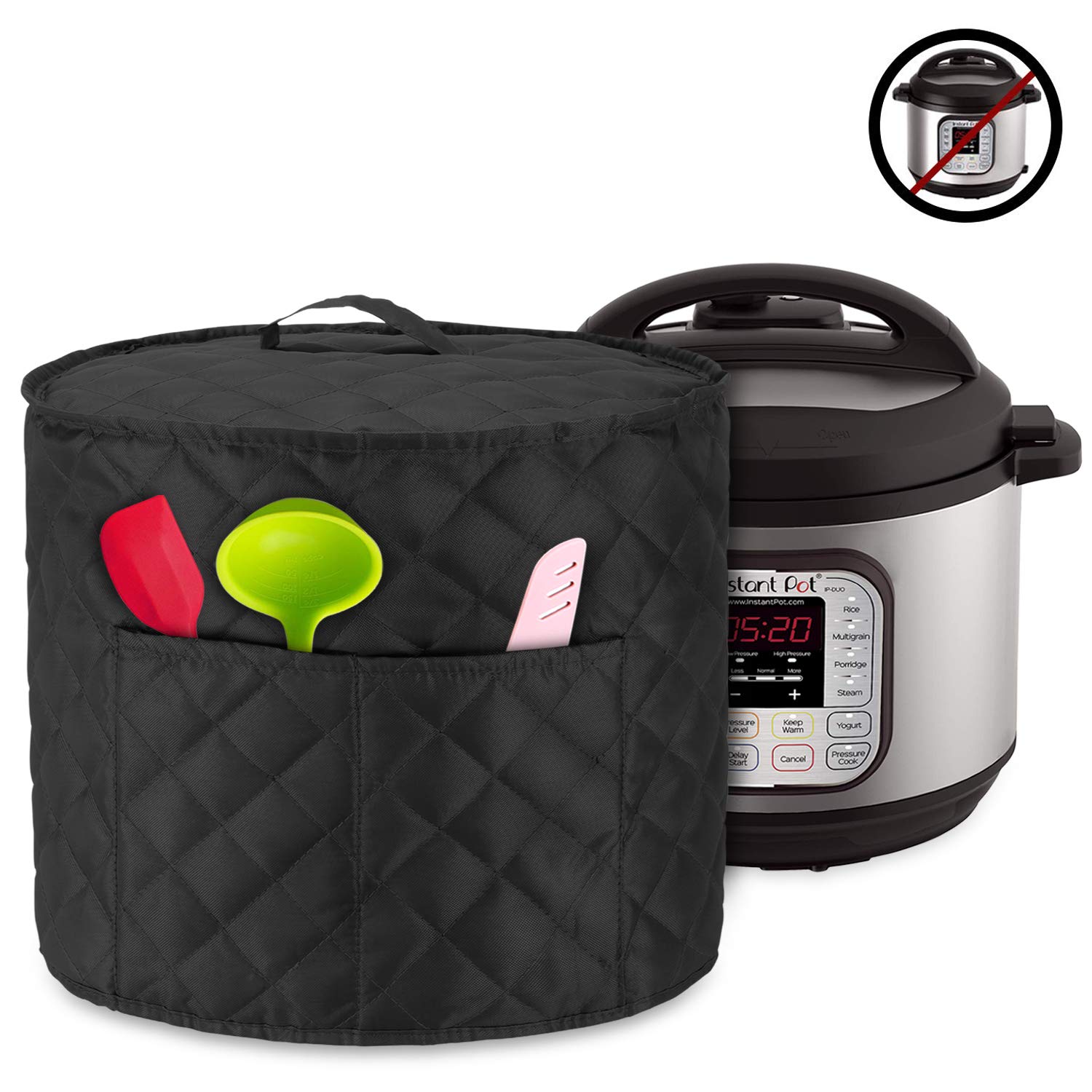 Luxja Dust Cover for 8 Quart Instant Pot, Cloth Cover with Pockets for Instant Pot (8 Quart) and Extra Accessories, Black Quilted Fabric (Large)