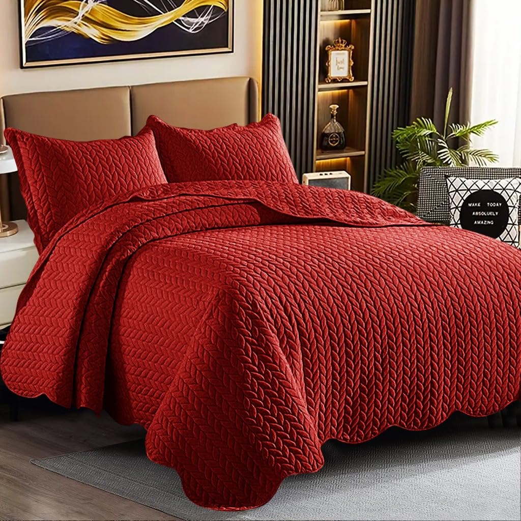 Rugs Inn Mono Bedspread Bed Throw 2Pcs - Embossed Matt Finish Leaf Motif Reversible Quilt Coverlets Bedspread Sofa Bed Cover with 1 Pillow Case (Single, Red)