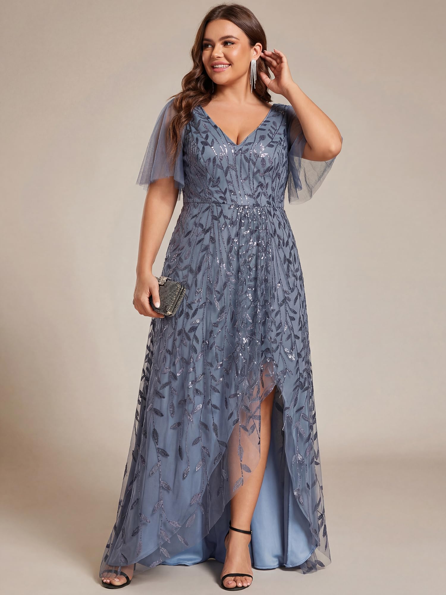 Ever-Pretty Abito da sera formale da donna con paillettes ricamate a fessura alta e bassa linea taglie forti 2083-DA