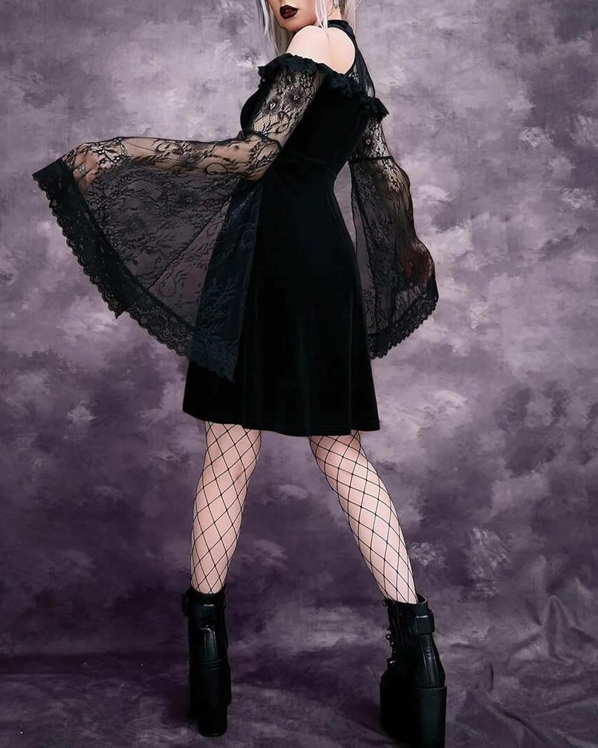 LVCBL Women's Lace Vintage Dress Halloween Vampire Cold Shoulder Gothic Dress - Image 5