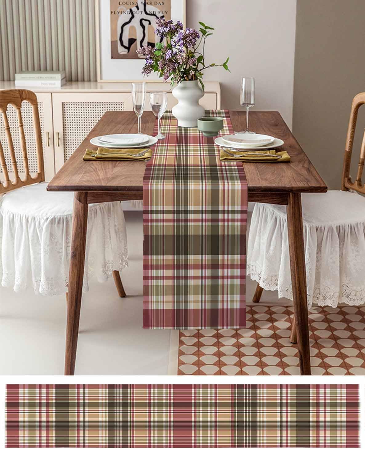 Retro Tartan Abstract Geometric Table Runners 18x72 Inches Long Linen Burlap Table Runner, Farm Buffalo Plaid Table Cover Dresser Scarf for Kitchen Dining Holiday Party Wedding Gathering