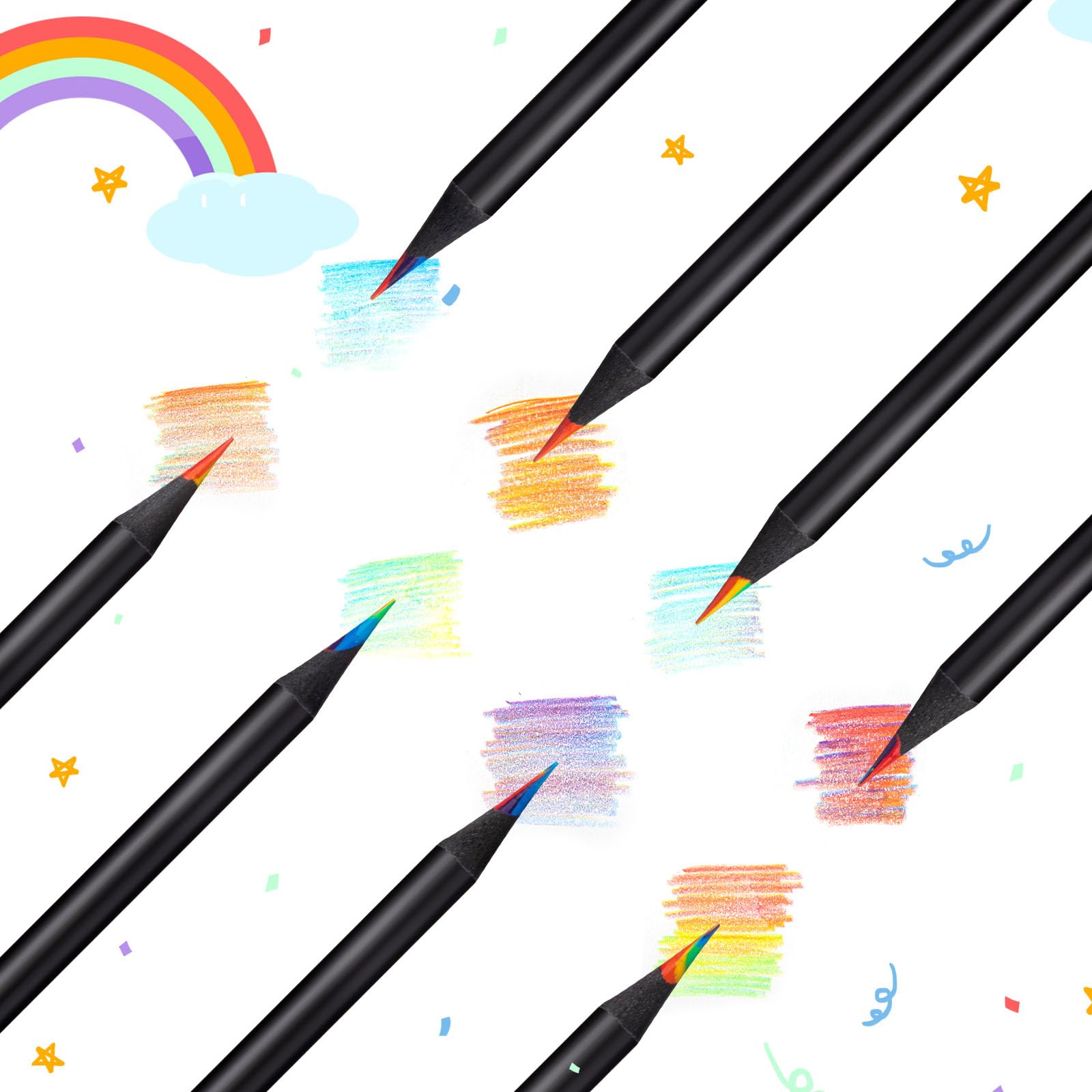 Teling Regenbogen-Bleistifte für Kinder, 7-in-1, schwarze Regenbogen-Bleistifte, Großpackung für Schule, Klassenzimmer, Kunstbedarf für Kinder und Erwachsene, Malen, Skizzieren, Zeichnen, 200 Stück