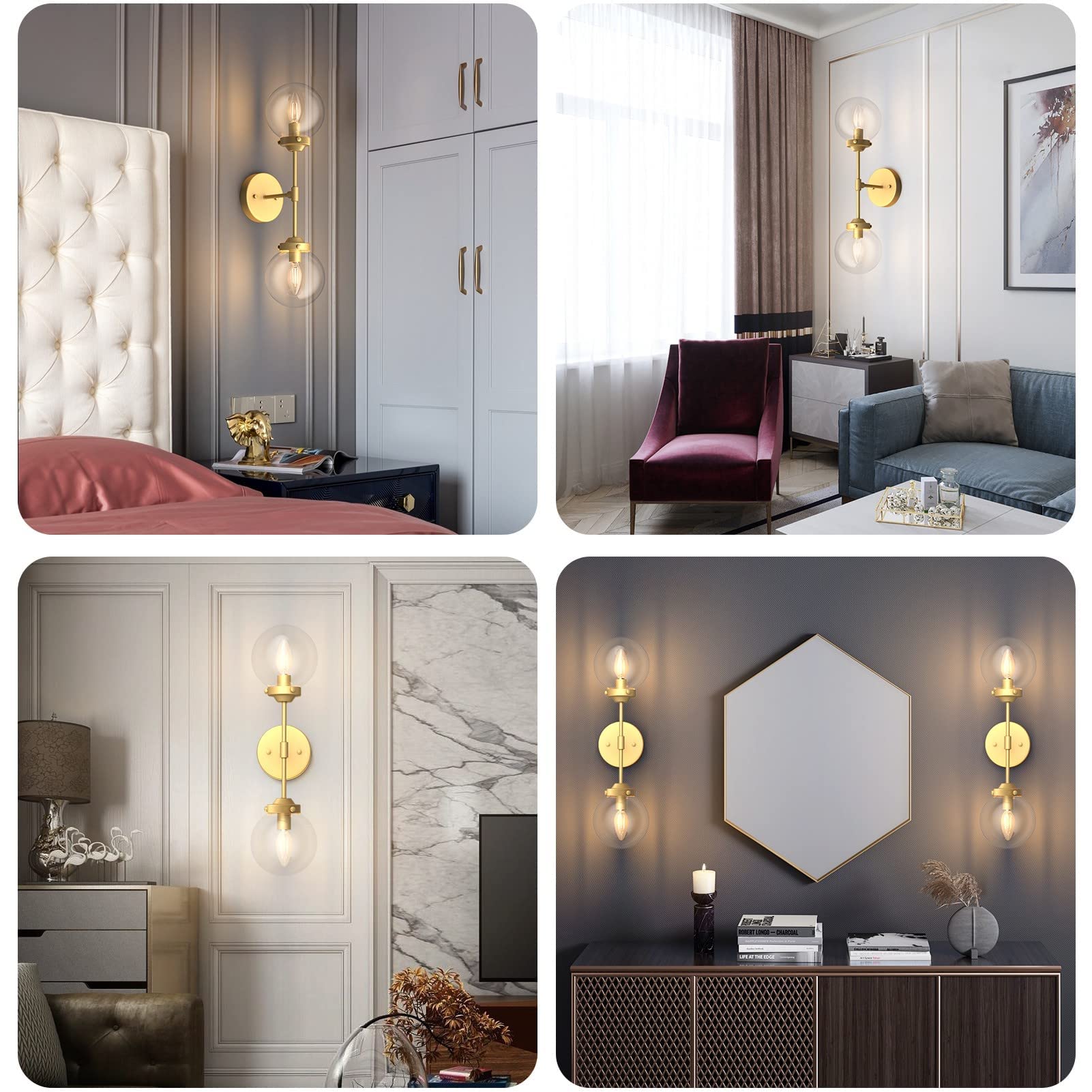 Ralbay Rustic Gold Wall Sconces 2 Light Industrial Gold Wall Light Fixture Vintage Style Clear Glass Globe Gold Bathroom Light Fixtures (Exclude Bulb)