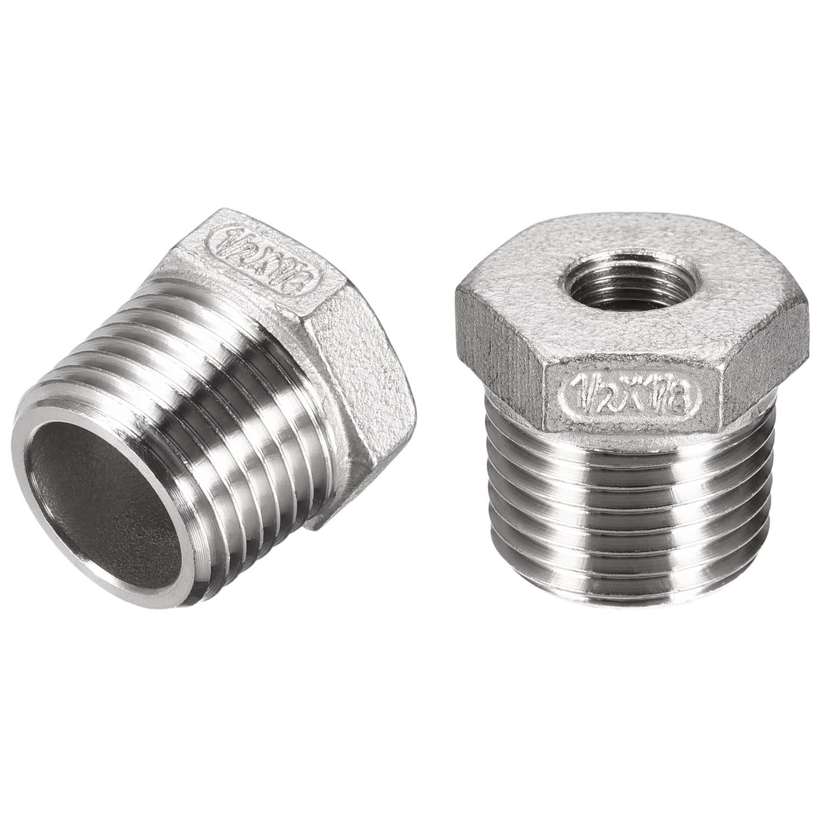 2Pcs Reducer Hex Bushing, 1/2 PT Male to 1/8 PT Female 304 Stainless Steel Reducing Pipe Fitting Adapter for Water Oil Air Pressure Gauge, Pipe Connecting Conversion