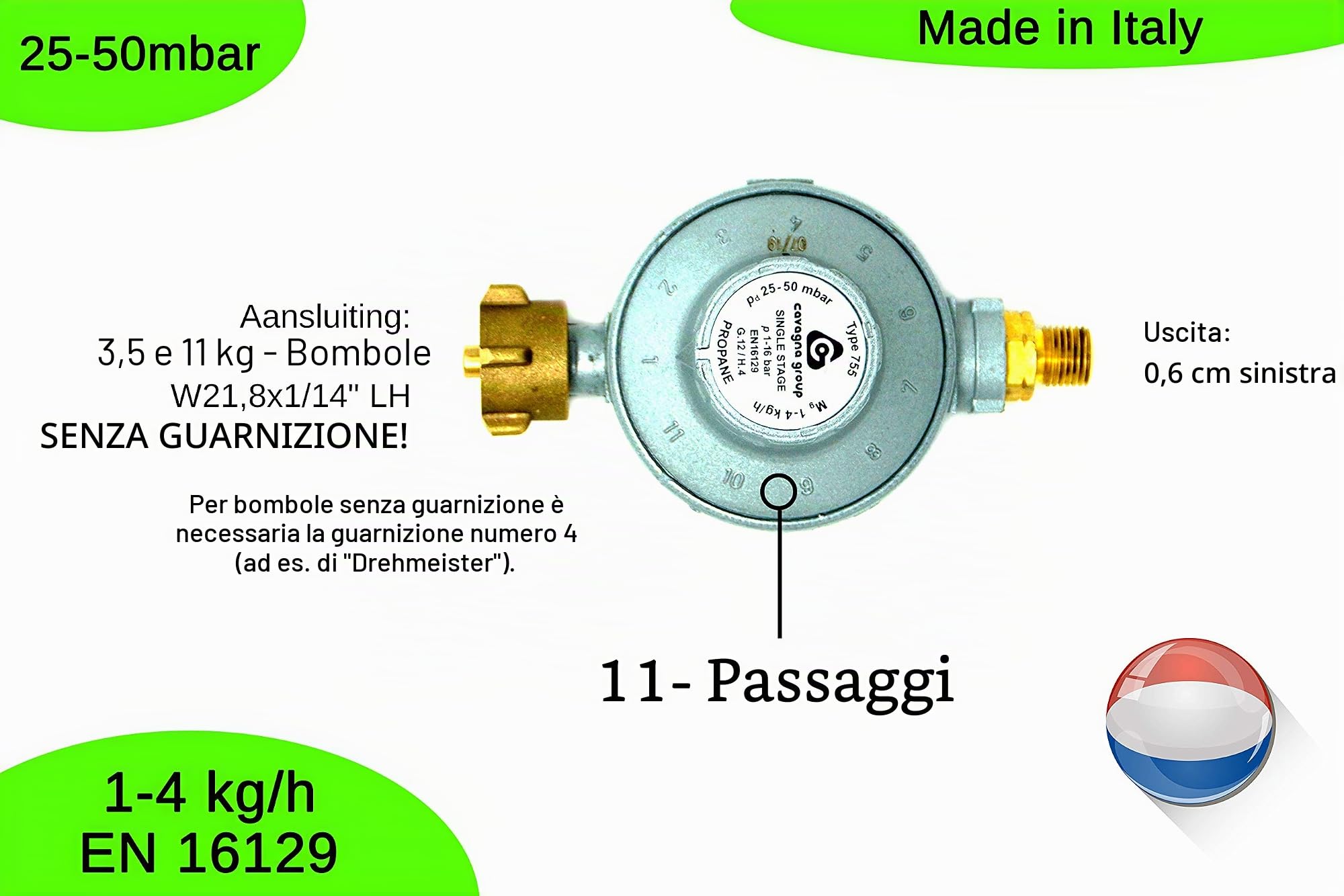 CAVAGNA Regolatore di Bassa Pressione 25-50mbar Regolatore di Pressione del Gas Regolabile in 11 stadi per griglia a Gas, Stufa radiante, Stufa radiante terrazza, fornello