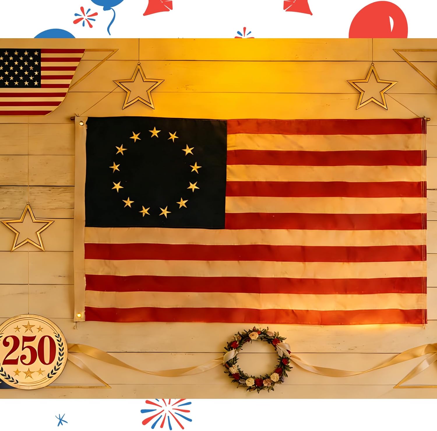 Vintage Betsy Ross Flag 3x5 Ft 100% Cotton Embroidered Tea Stained 13 Star American Colonies Flag Heavy Duty Antiqued American Banner with 2 Brass Grommets for 250th Anniversary