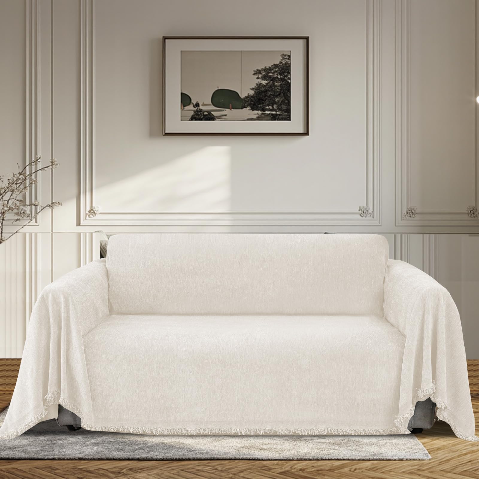 Bellahills Beige Sofa Cover 3 Seater Chenille Sofa Covers 2 Seater Armchair Covers L Shape Sofa Slipcover Non-Slip Couch Covers With Tassel Sofa Protector From Dogs, 180X260cm,