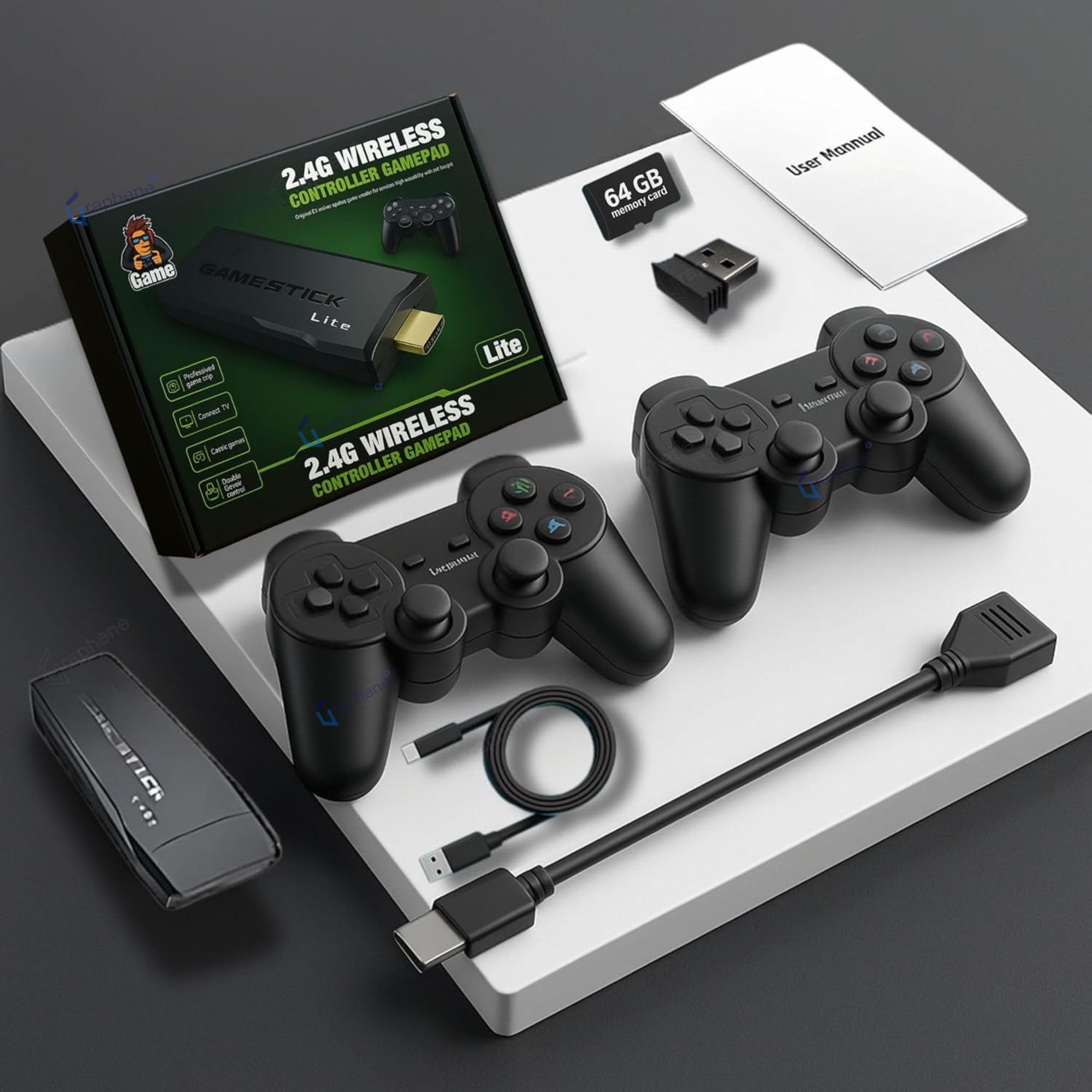 GRAPHENE Wireless Video Games Console Ultra HD TV Wireless Retro Video Games For Kids Dual Player Stick Lite 64GB Plug & Play Video Game Kids Adults 2.4G 10000+ Games Controllers Gamepad 9 Emulators Best Gift 14+ Age
