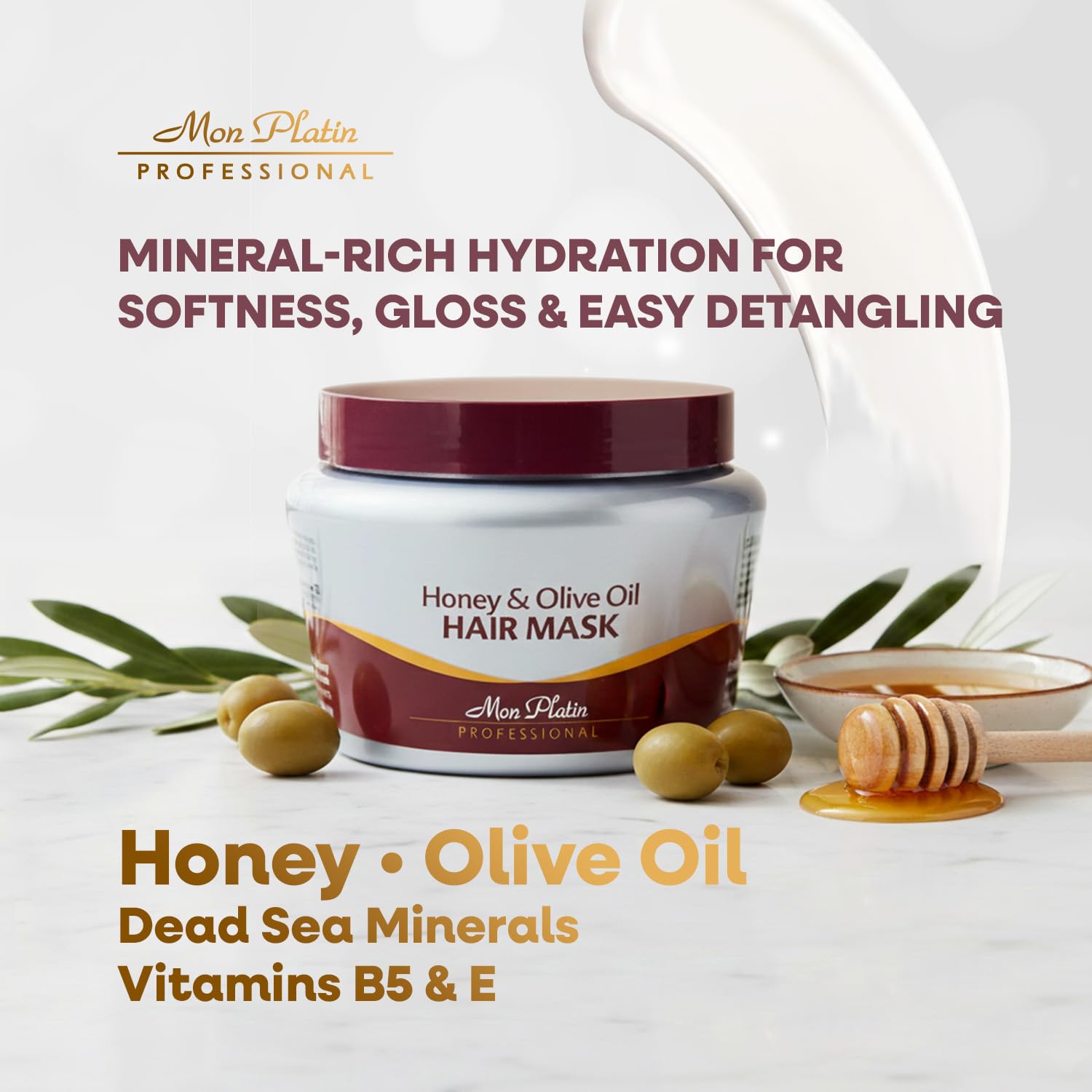 Mon Platin Professional Mascarilla única de 500 ml para cabello con aceite de miel y aceite de oliva para cabello seco, dañado o teñido