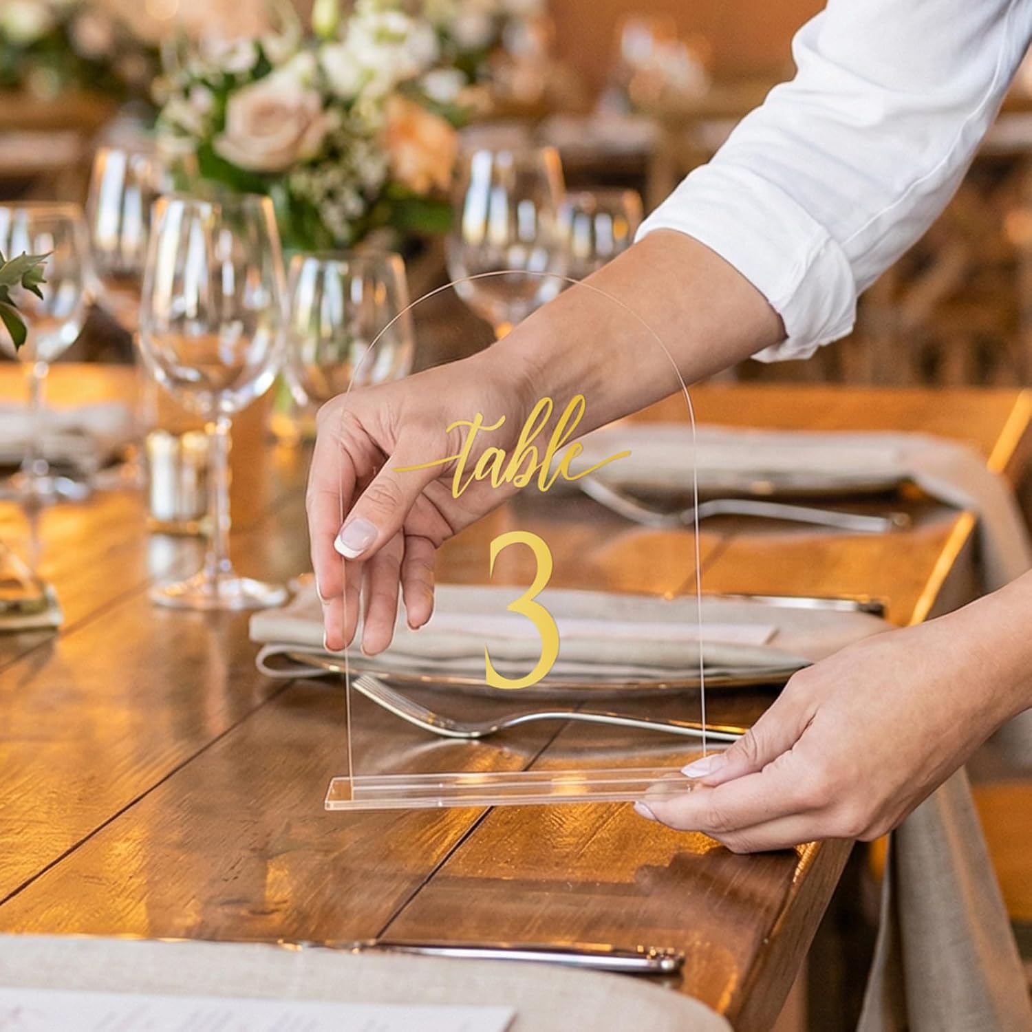 Arch Wedding Table Numbers 1-10 with Stands, 5.5 × 7 Inch Clear Acrylic Table Number Signs with Gold Numbers, Elegant Table Number Holders for Wedding, Anniversary, Birthday, Party, and Events