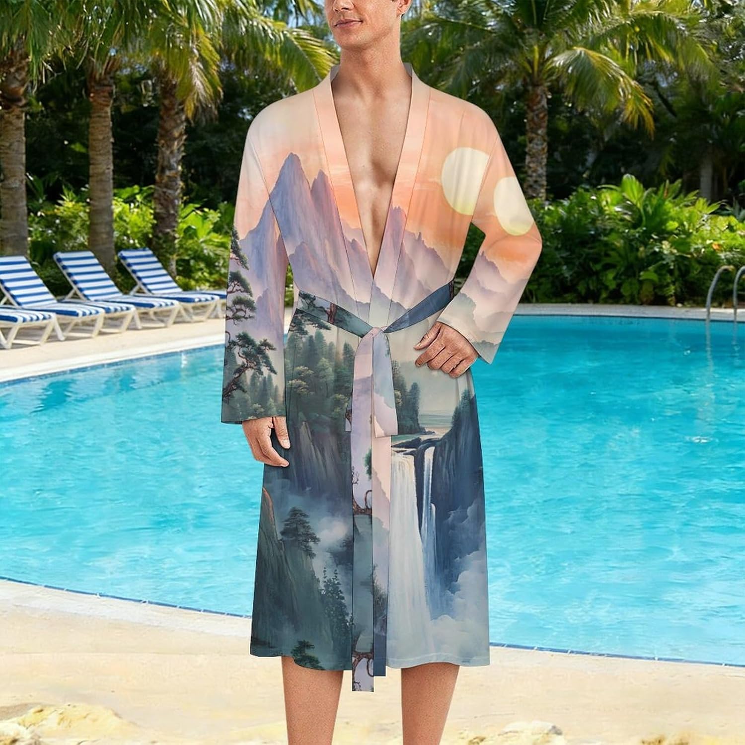 Chinese Landscape Mountain Waterfall Men's Robe Soft Bathrobe V Neck Loungewear Sleepwear Nightgown Dressing Gown
