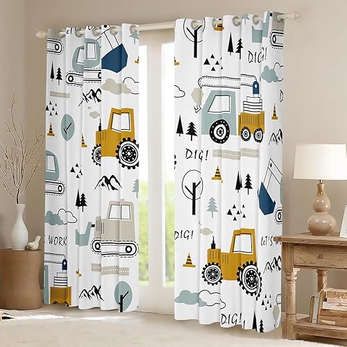 Miniatura 2 de Feelyou Cortinas de caricaturas para niños, para dormitorio, sala de estar, construcción, oscurecimiento, equipo de camiones, excavadora de coche de