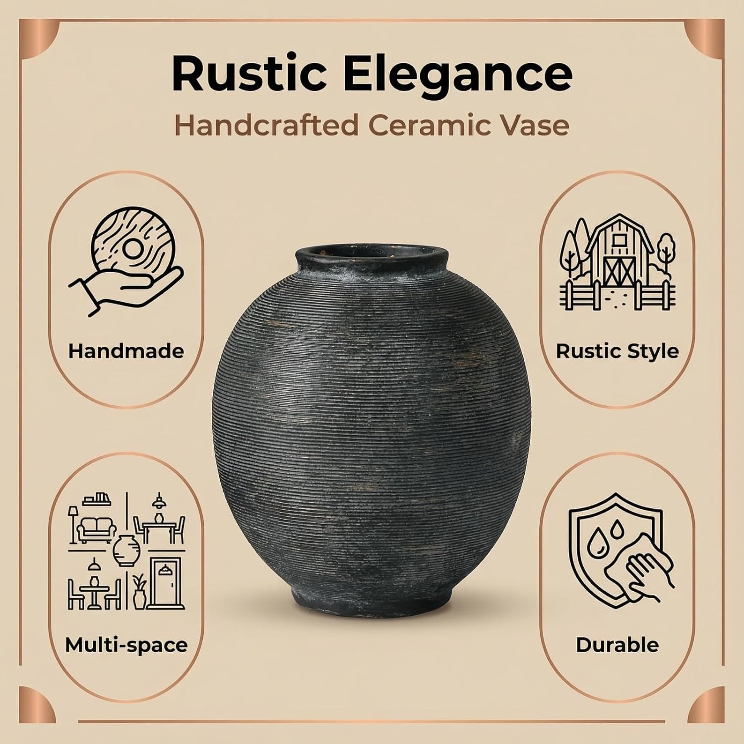 Black Ceramic Flower Vase Home Decor, Large Round Farmhouse Table Vases Rustic Vintage Living Room Entrway Kitchen Bedroom Decorations,Minimalist Hand-Made Textured Vase (9.8” H Black Bronze) - Image 3