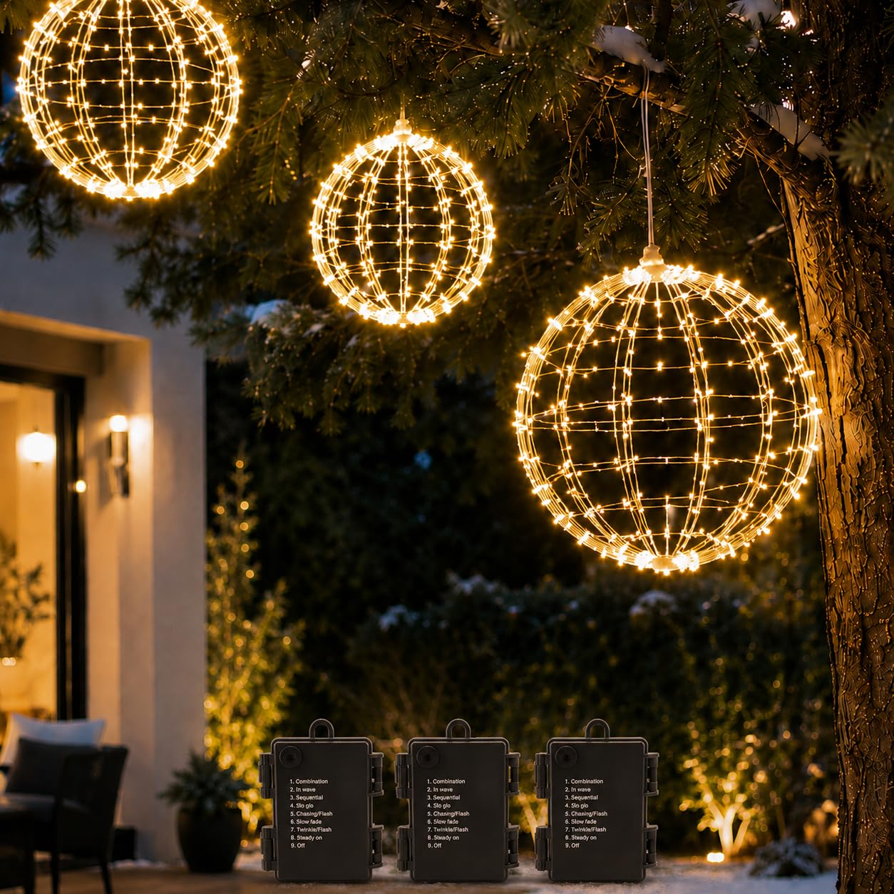 Set di 3 Sfere LED Natalizie 3D da Appendere, Ø 30 cm, Luce Bianco Caldo, a Batteria con Timer 8 Ore, IP44 per Interni ed Esterni, Decorazioni di Natale per Casa e Giardino
