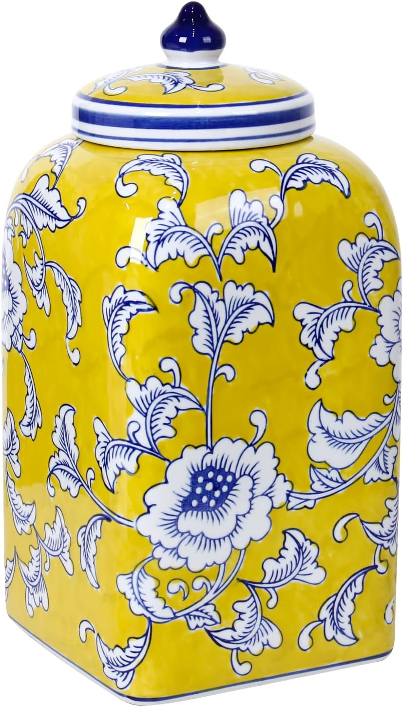 12.5" H Ceramic Kitchen Canisters for Countertop, Tea & Coffee Bean Storage Canister with Airtight Lid, Hand-painted Chinoiserie Decor Ginger Jar for Home Decor, 155 fl oz - Yellow Peony