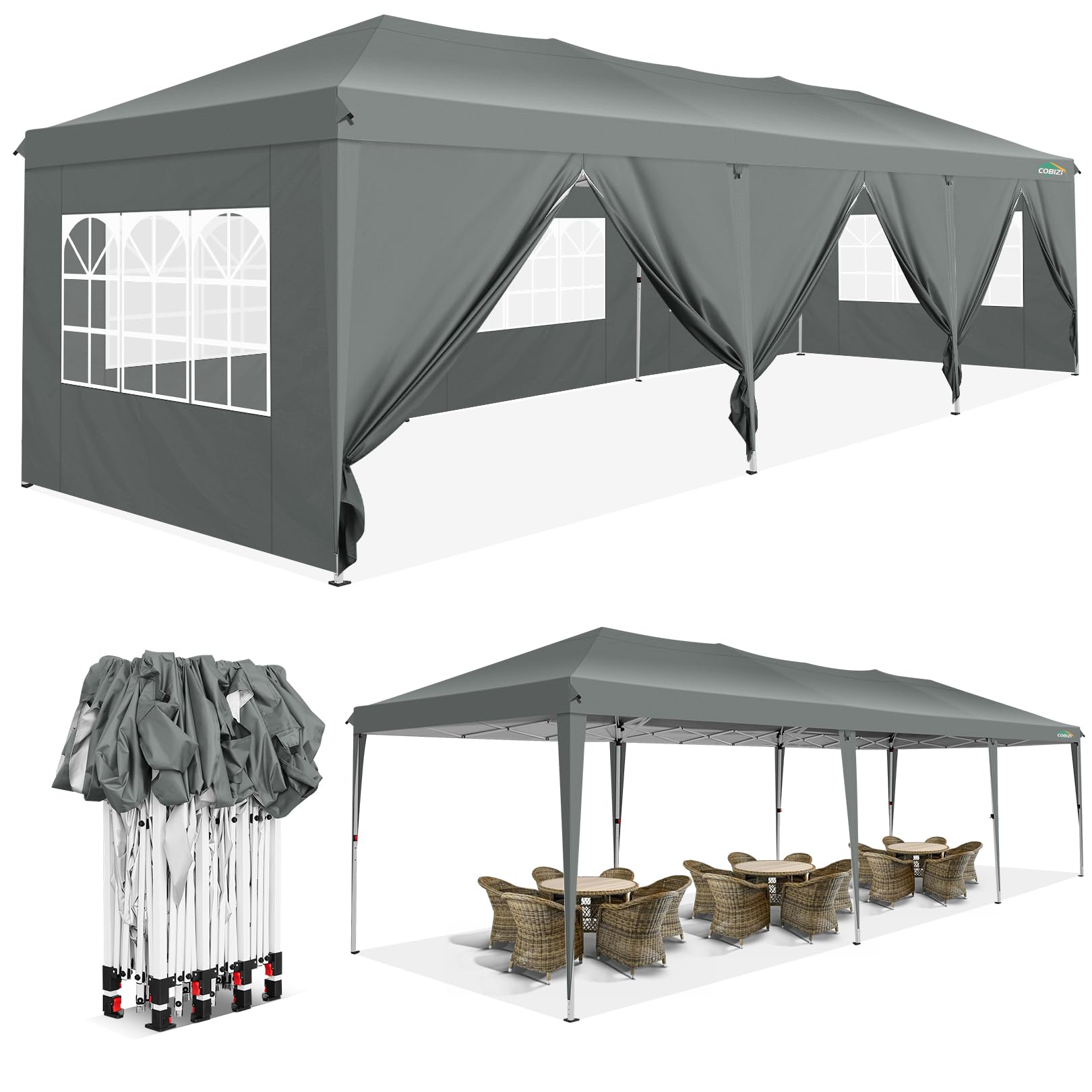 COBIZI 10x30 Pop Up Canopy Tent with 8 Removable Sidewalls Waterproof Commercial Instant Shelter Outdoor Party Tent Portable Canopy Tent for Parties with Carry Bag and 4 Sandbags (Grey, 10x30FT)
