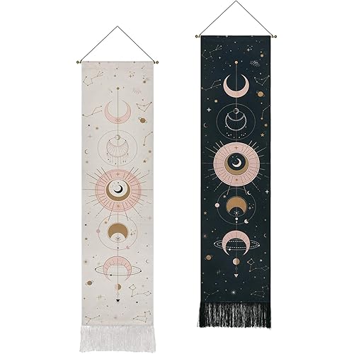 2 Pack Moon Phase Tapestry Moon Tapestry Wall Hanging Art Bohemian Tapestries Black and White Tapestry for Room (Black+White, 12.8 x 51.2 inches)
